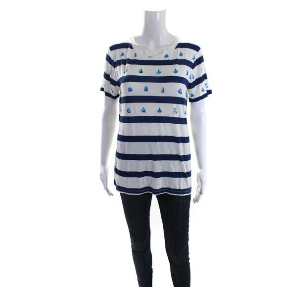 Prabal Gurung Womens Sailboat Stripe Short Sleeve Tee Shirt White Blue Small - Picture 1 of 6
